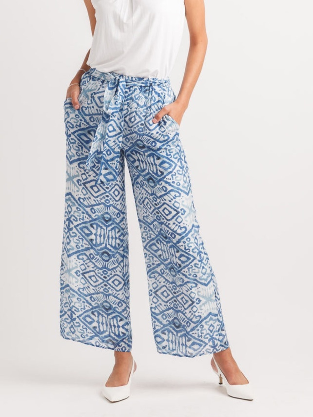 Papillon Blue Boho Beach Print Wide Leg Pull on Elastic Waist Pants New medium